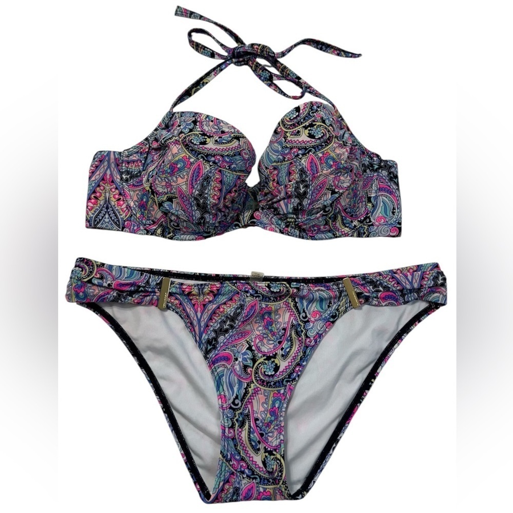 Victoria's Secret Pink and Blue Halter Bikini Set Size 34D